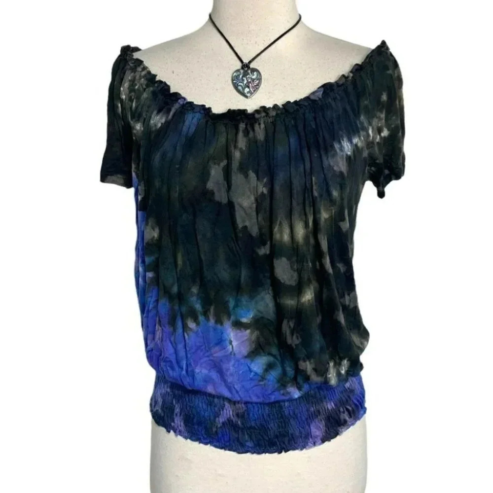 Fever Tie Dye Blouse S Blue Black Off Shoulder Smocked Hem Crinkle Top